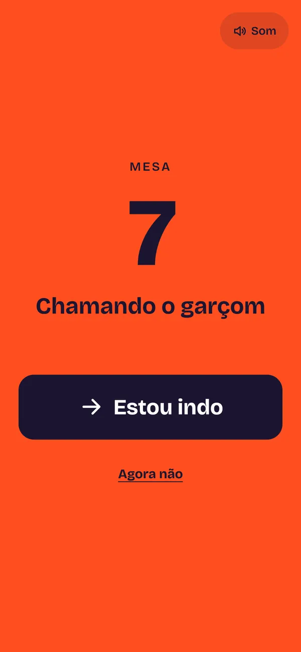 Celular do garçom: Mesa 7, chamando o garçom, botão Estou indo
