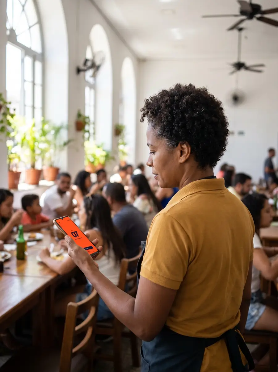 Garçonete no salão olhando o celular com o alerta da mesa 7
