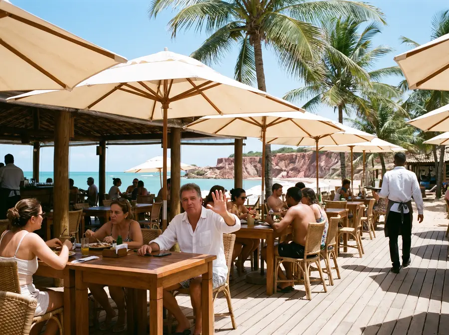 Bar de praia cheio no almoço, deck de madeira e guarda-sóis: um cliente levanta a mão chamando, e o garçom passa de costas sem ver